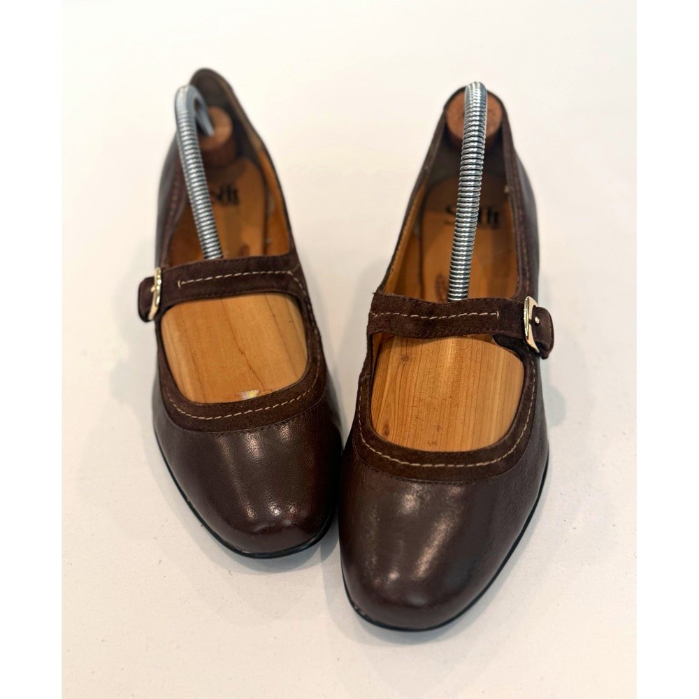 Sofft Vintage Womens Brown Leather Mary Jane Almond Toe Buckle Strap Heels 7.5M